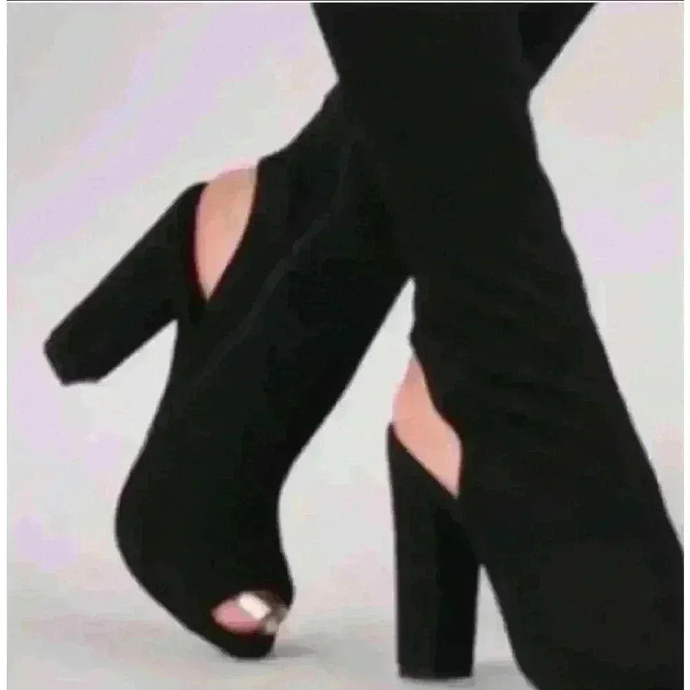 Size 5.5 NWT NIB Bamboo Black over the knee heel boot open toe - Picture 2 of 3